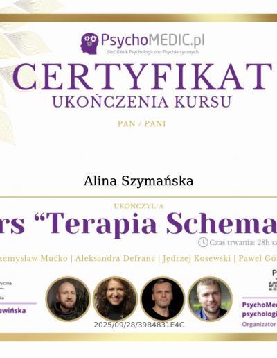 Certyfikat ukończenia 28-godzinnego kursu ,,Terapia Schematu”, wydany dla Pani Aliny Szymańskiej przez PsychoMEDIC w 2025 roku.