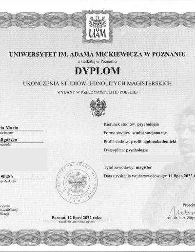 Dyplom ukończenia studiów magisterskich na kierunku psychologia, wydany dla Pani Darii Witczak (wówczas Waligórska), przez Uniwersytet im. Adama Mickiewicza w Poznaniu w 2022 roku.