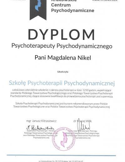 Dyplom Psychoterapeuty Psychodynamicznego, wydany dla Pani Magdaleny Nikel-Michalskiej (wówczas Nikel) przez Krakowskie Centrum Psychodynamiczne w 2025 roku.