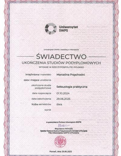Świadectwo ukończenia studiów podyplomowych na kierunku seksuologia praktyczna, wydane dla Pani Marceliny Przychodniej przez Uniwersytet SWPS w 2025 roku.