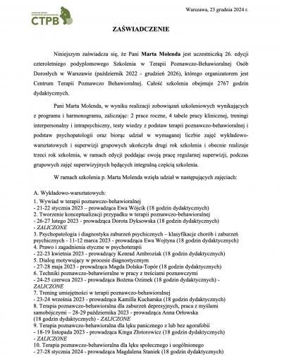 Zaświadczenie o uczestnictwie w czteroletnim podyplomowym Szkoleniu w Terapii Poznawczo-Behawioralnej Osób Dorosłych w Warszawie, wydane dla Pani Marty Molendy przez Centrum Terapii Poznawczo Behawioralnej w 2024 roku.