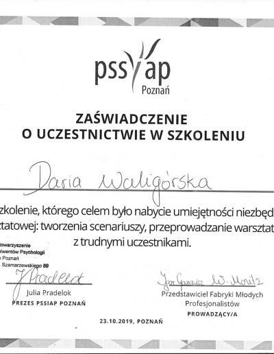 Zaświadczenie o uczestnictwie w szkoleniu nadającym umiejętności niezbędne do pracy warsztatowej, wydane dla Pani Darii Witczak (wówczas Waligórska) przez Polskie Stowarzyszenie Studentów i Absolwentów Psychologii w 2019 roku.