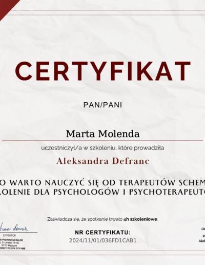 Certyfikat o uczestnictwie w 4-godzinnym szkoleniu ,,Czego warto nauczyć się od terapeutów schematu?”, wydany dla Pani Marty Molendy przez Szkołę Psychoterapii Dialog w 2024 roku.