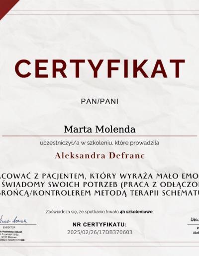 Certyfikat o uczestnictwie w 4-godzinnym szkoleniu ,,Jak pracować z pacjentem, który wyraża mało emocji i nie jest świadomy swoich potrzeb (praca z odłączonym obrońcą/kontrolerem metodą terapii schematu)?”, wydany dla Pani Marty Molendy przez Szkołę Psychoterapii Dialog w 2025 roku.