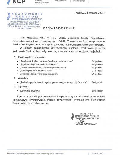 Zaświadczenie o ukończeniu Szkoły Psychoterapii, wydane dla Pani Magdaleny Nikel-Michalskiej (wówczas Nikel) przez Krakowskie Centrum Psychodynamiczne w 2025 roku.