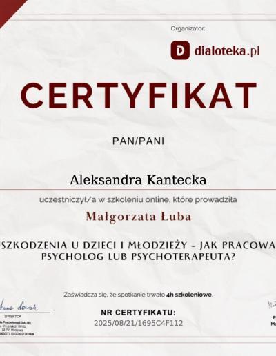Certyfikat o uczestnictwie w 4-godzinnym szkoleniu ,,Samouszkodzenia u dzieci i młodzieży- Jak pracować jako psycholog lub psychoterapeuta?”, wydany dla Pani Aleksandry Kanteckiej przez Szkołę Psychoterapii Dialog w 2025 roku.