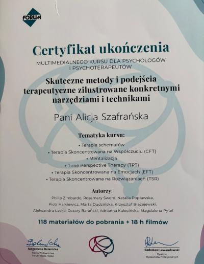Certyfikat ukończenia kursu ,,Skuteczne metody i podejścia terapeutyczne zilustrowane konkretnymi narzędziami i technikami”, wydany dla Pani Alicji Szafrańskiej przez Wydawnictwo Forum.