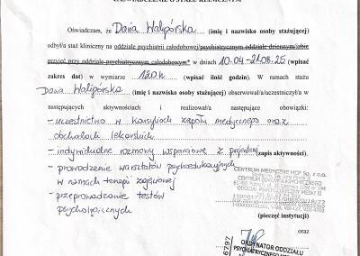 Zaświadczenie o odbyciu 120-godzinnego stażu klinicznego na oddziale psychiatrii całodobowej, wydane dla Pani Darii Witczak (wówczas Waligórska) przez Centrum Medyczne HCP w 2025 roku.