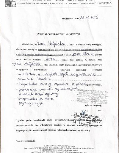 Zaświadczenie o odbyciu 120-godzinnego stażu klinicznego na oddziale psychiatrii całodobowej, wydane dla Pani Darii Witczak (wówczas Waligórska) przez Centrum Medyczne HCP w 2025 roku.