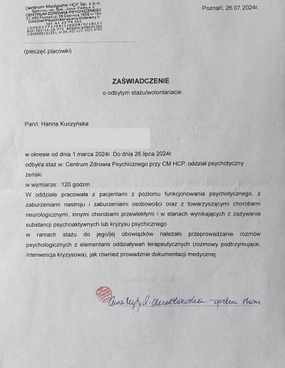 Zaświadczenie o odbytym stażu w Centrum Zdrowia Psychicznego przy CM HCP w wymiarze 120 godzin, wydane dla Pani Hanny Kuczyńskiej-Dynowskiej (wówczas Kuczyńska) przez Centrum Medyczne HCP w 2024 roku.