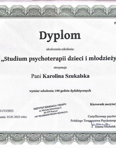 Dyplom ukończenia 190-godzinnego szkolenia ,,Studium psychoterapii dzieci i młodzieży”, wydany dla Pani Karoliny Szukalskiej przez Instytut Edukacji i Terapii w 2023 roku.