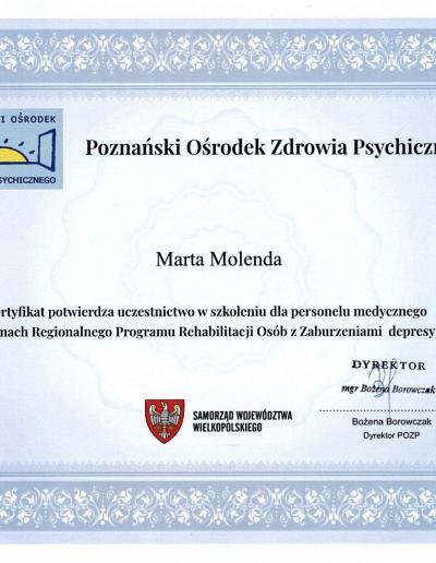 Certyfikat uczestnictwa w szkoleniu dla personelu medycznego w ramach Regionalnego Programu Rehabilitacji Osób z Zaburzeniami depresyjnymi, wydany dla Pani Marty Molendy przez Poznański Ośrodek Zdrowia Psychicznego.