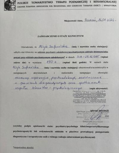 Zaświadczenie o odbyciu 150-godzinnego stażu klinicznego na oddziale psychiatrii całodobowej, wydane dla Pani Alicji Szafrańskiej przez Centrum Medyczne HCP w 2026 roku.
