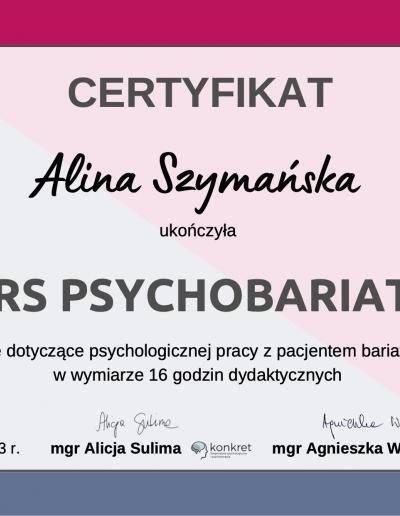 Certyfikat ukończenia 16-godzinnego kursu psychobariatrii, wydany dla Pani Aliny Szymańskiej w 2023 roku.