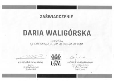 Zaświadczenie o ukończeniu kursu komunikacji metodą dr Thomasa Gordona, wydane dla Pani Darii Witczak (wówczas Waligórska) przez Uniwersytet Adama Mickiewicza.