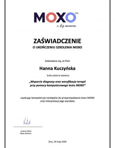 Zaświadczenie o ukończeniu szkolenia ,,Wsparcie diagnozy oraz weryfikacji terapii przy pomocy komputerowego testu MOXO”, wydane dla Pani Hanny Kuczyńskiej-Dynowskiej przez Moxo Solution w 2026 roku.