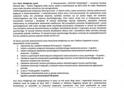Zaświadczenie o udziale w wolontariacie ,,Telefon Pogadania”, wydane dla Pani Darii Witczak (wówczas Waligórska) przez Stowarzyszenie ,,Telefon Pogadania” w 2023 roku.