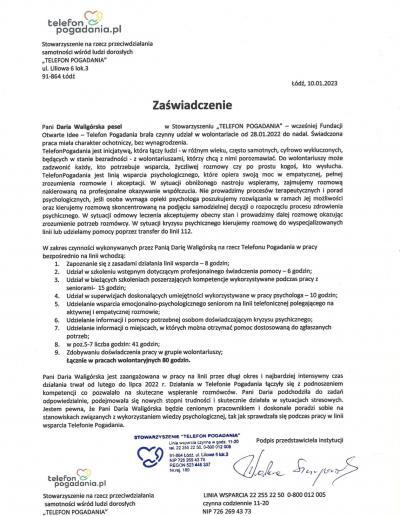 Zaświadczenie o udziale w wolontariacie ,,Telefon Pogadania”, wydane dla Pani Darii Witczak (wówczas Waligórska) przez Stowarzyszenie ,,Telefon Pogadania” w 2023 roku.