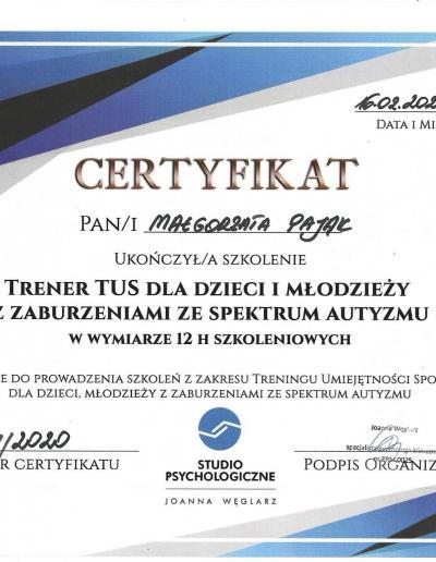Certyfikat ukończenia 12-godzinnego szkolenia ,,Trener TUS dla dzieci i młodzieży z zaburzeniami ze spektrum autyzmu”, wydany dla Pani Małgorzaty Pająk przez Studio Psychologiczne Joanna Węglarz w 2020 roku.