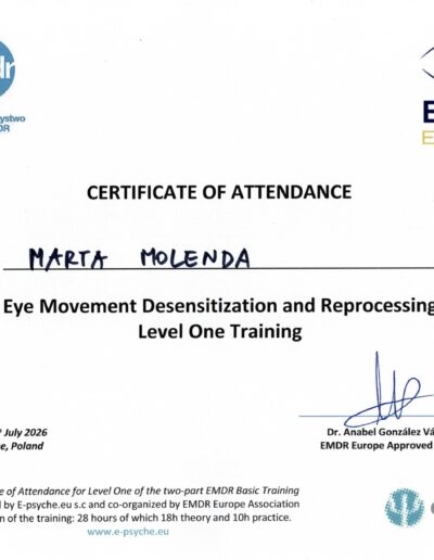 Certyfikat uczestnictwa w 28-godzinnym szkoleniu EMDR, wydany dla Pani Marty Molendy przez E-psyche.eu i EMDR Europe Association w 2026 roku